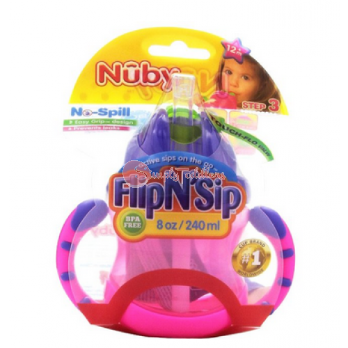Nuby Two-Handle Flip N' Sip Straw Cup, 8 Ounce, Green with Pink